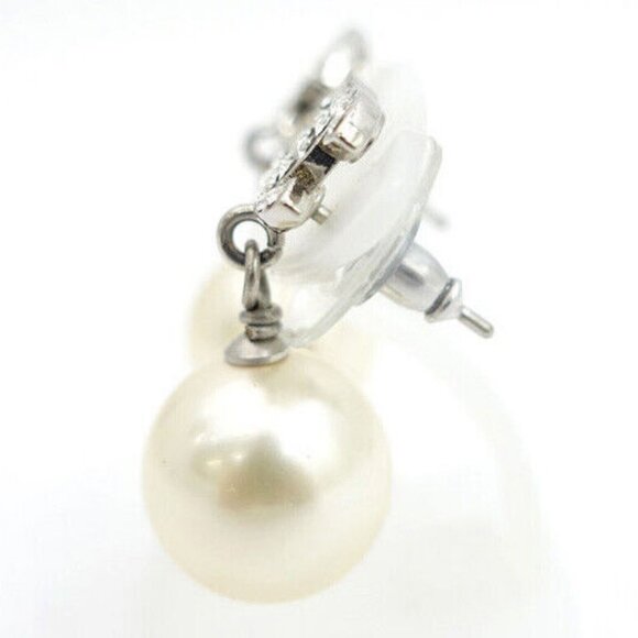 CHANEL CC Logos Rhinestone Pearl Drop Stud Earrings Silver Tone A13P Auth - Picture 5 of 6